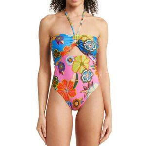 Farm Rio Anthropologie Garden Halter One-Piece Cut-Out Swimsuit Floral XS NWT